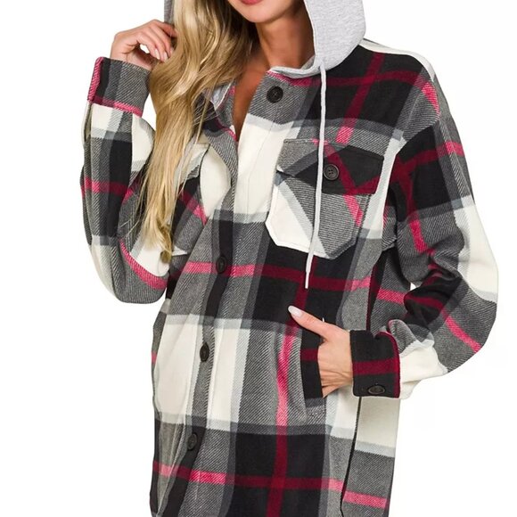 Zenana Plaid Drawstring Hooded Fleece Shacket - Picture 3 of 3